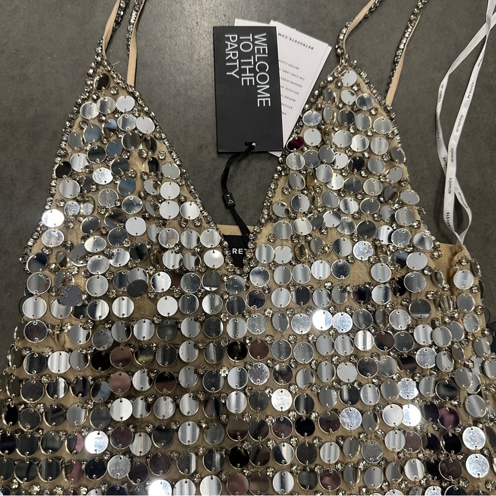 Retrofete AIRALYSE Embellished Sequin Disc Nude Mini Dress Crystals $998 - Picture 4 of 7